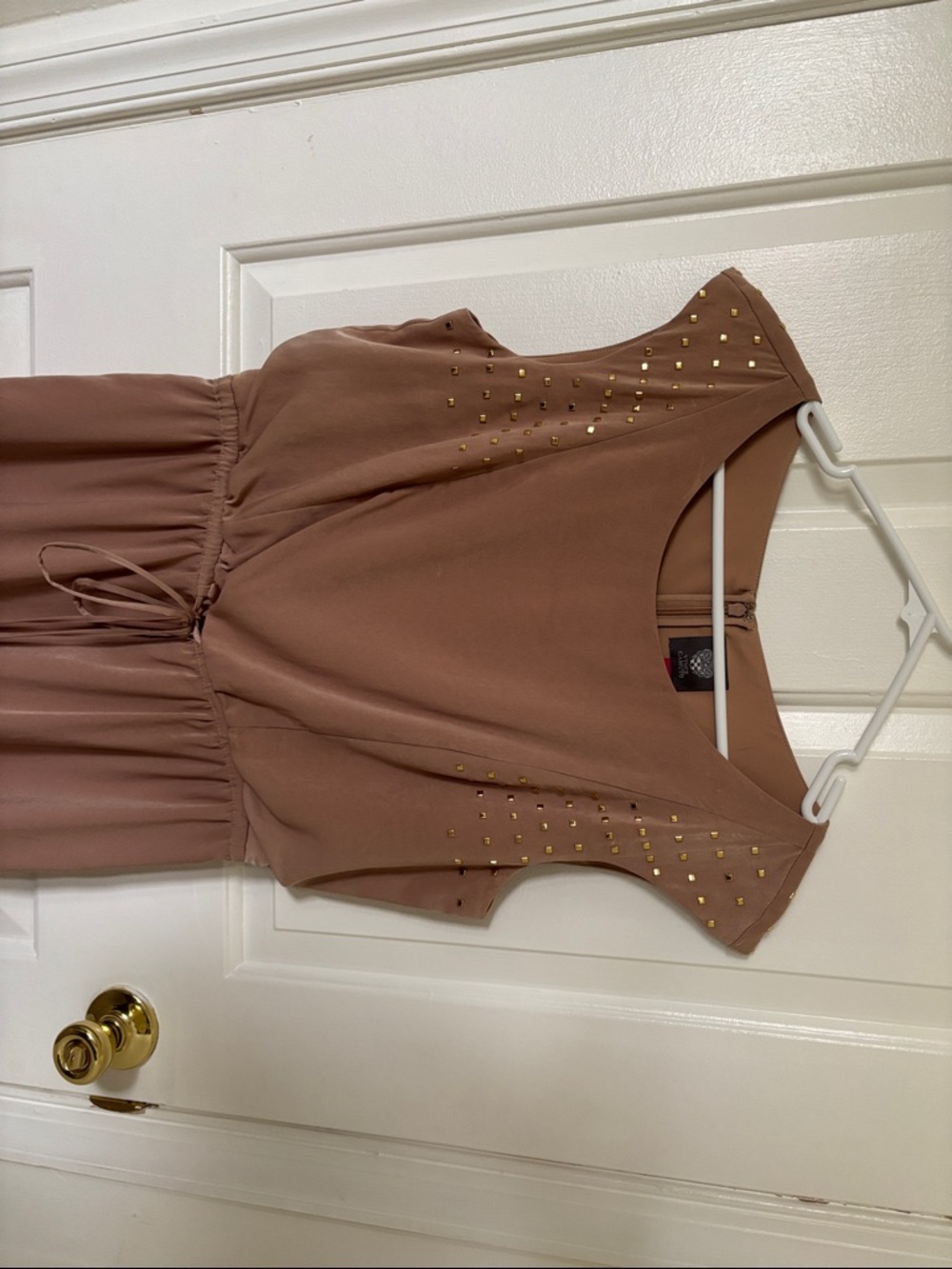 Vince Camuto Taupe Stud-Shoulder Drawstring Mini Dress - Picture 3 of 4